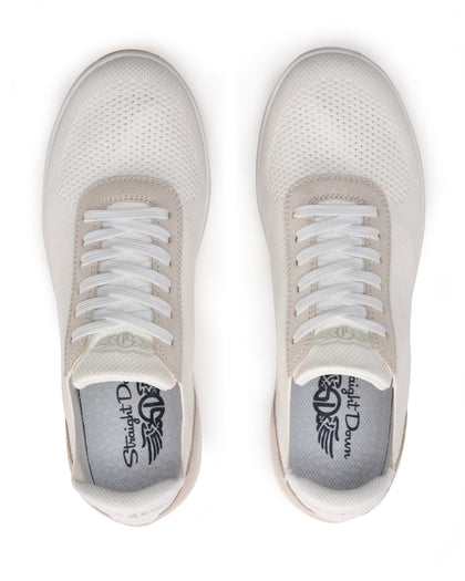 Men's Rally Shoe in White, top-down view of a pair featuring white knit upper, white lace-up closure, light gray suede overlays, and Straight Down branded insole