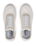 Men's Rally Shoe in White, top-down view of a pair featuring white knit upper, white lace-up closure, light gray suede overlays, and Straight Down branded insole