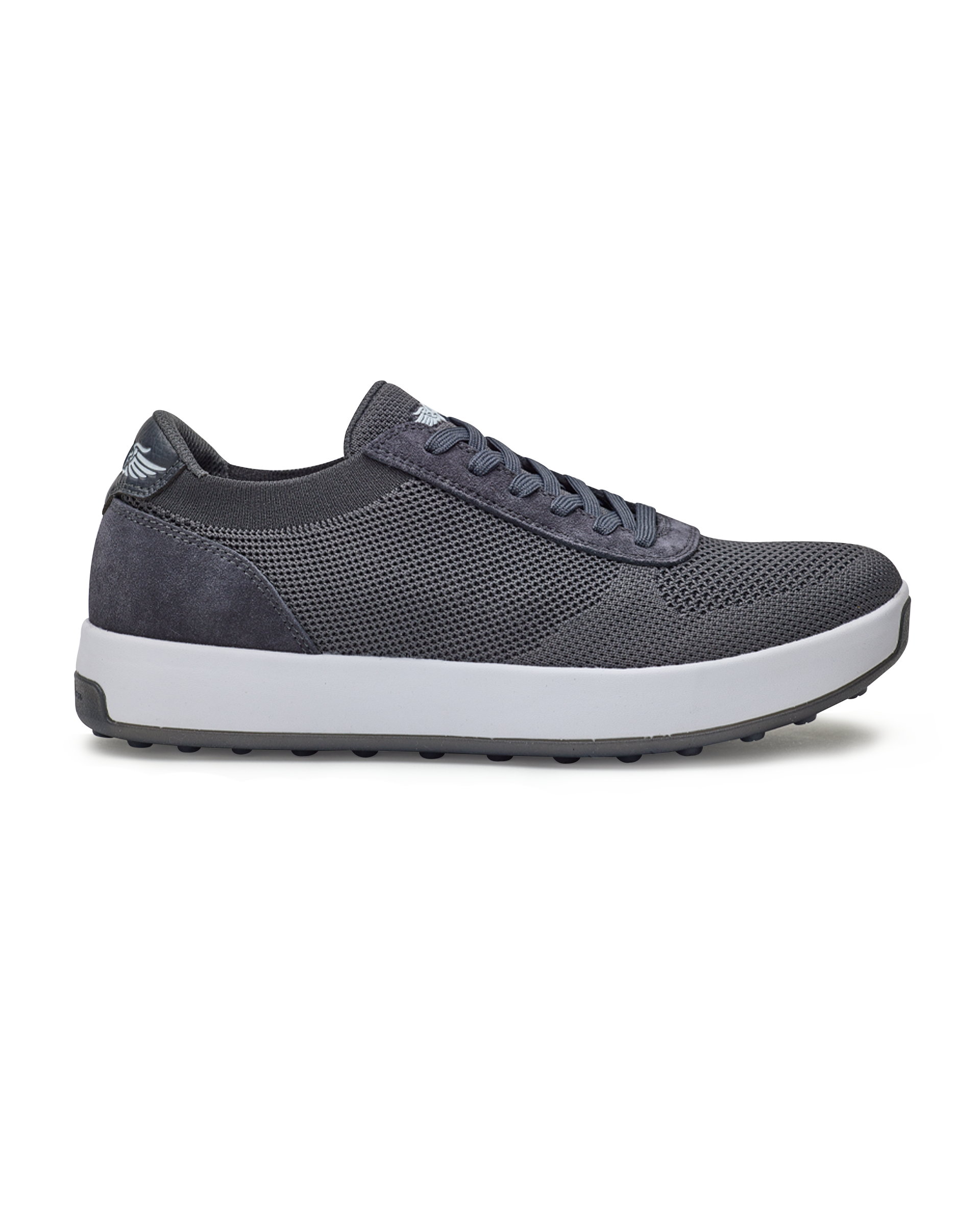 Men's Rally Shoe in Graniet, side view featuring a grey knit upper with suede overlays, Straight Down logo, white midsole, and grey outsole