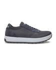 Men's Rally Shoe in Graniet, side view featuring a grey knit upper with suede overlays, Straight Down logo, white midsole, and grey outsole