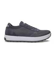 Men's Rally Shoe in Graniet, side view featuring a grey knit upper with suede overlays, Straight Down logo, white midsole, and grey outsole