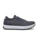 Men's Rally Shoe in Graniet, side view featuring a grey knit upper with suede overlays, Straight Down logo, white midsole, and grey outsole