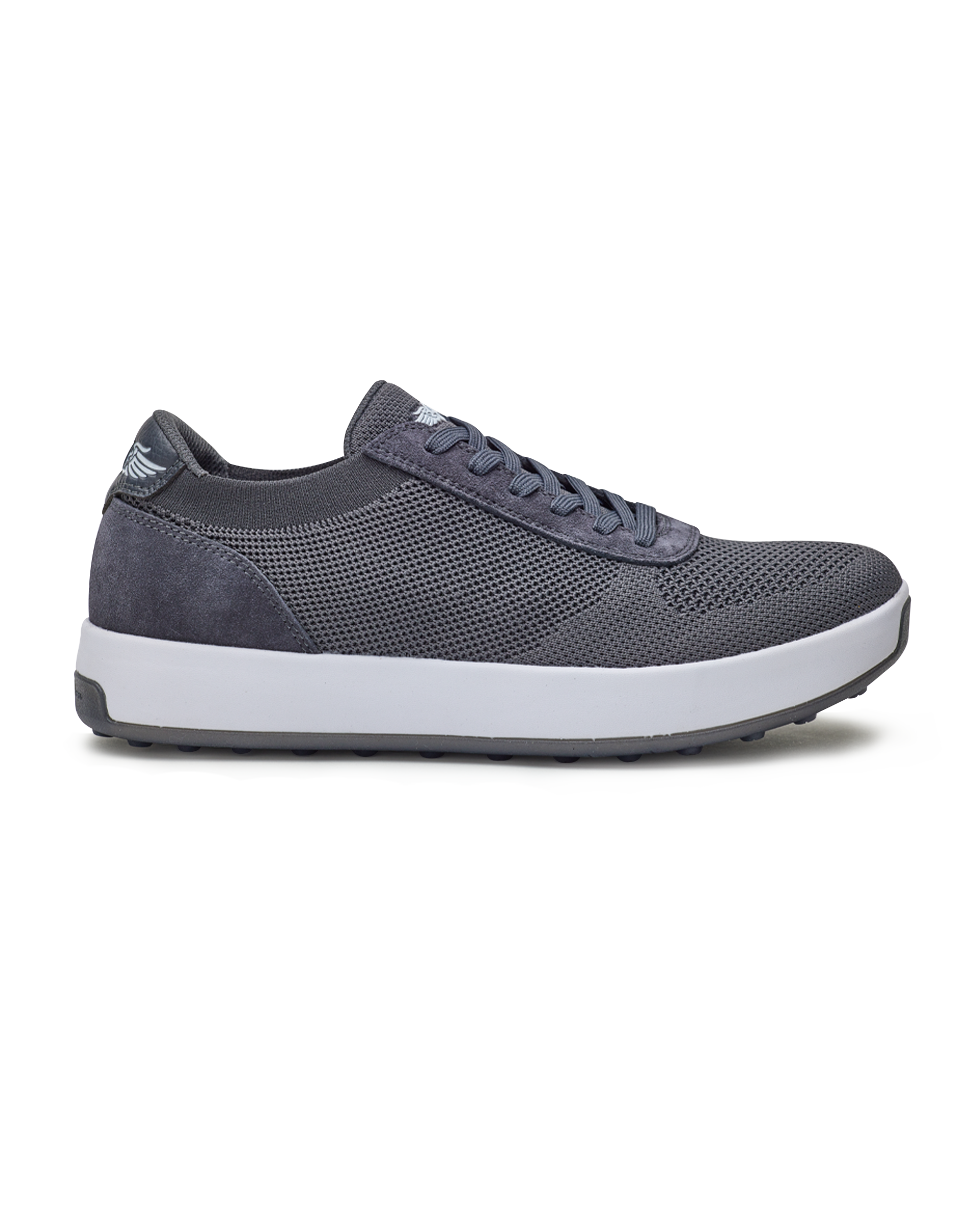 Men's Rally Shoe in Granite, side view featuring a grey knit upper with suede overlays, Straight Down logo, white midsole, and grey outsole