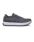 Men's Rally Shoe in Granite, side view featuring a grey knit upper with suede overlays, Straight Down logo, white midsole, and grey outsole