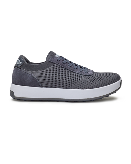 Men's Rally Shoe in Granite, side view featuring a grey knit upper with suede overlays, Straight Down logo, white midsole, and grey outsole