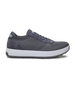 Men's Rally Shoe in Granite, side view featuring a grey knit upper with suede overlays, Straight Down logo, white midsole, and grey outsole