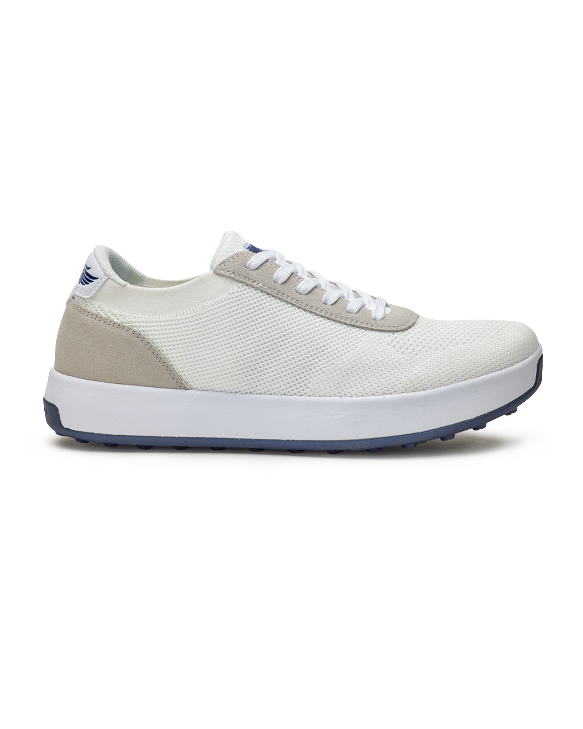 Men's Rally Shoe in White, side view featuring a white knit upper with light grey suede overlays, Straight Down logo, white midsole, and navy outsole