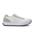 Men's Rally Shoe in White, side view featuring a white knit upper with light grey suede overlays, Straight Down logo, white midsole, and navy outsole