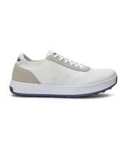 Men's Rally Shoe in White, side view featuring a white knit upper with light grey suede overlays, Straight Down logo, white midsole, and navy outsole