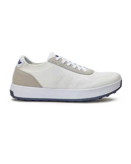 Men's Rally Shoe in White, side view featuring a white knit upper with light grey suede overlays, Straight Down logo, white midsole, and navy outsole