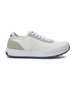 Men's Rally Shoe in White, side view featuring a white knit upper with light grey suede overlays, Straight Down logo, white midsole, and navy outsole