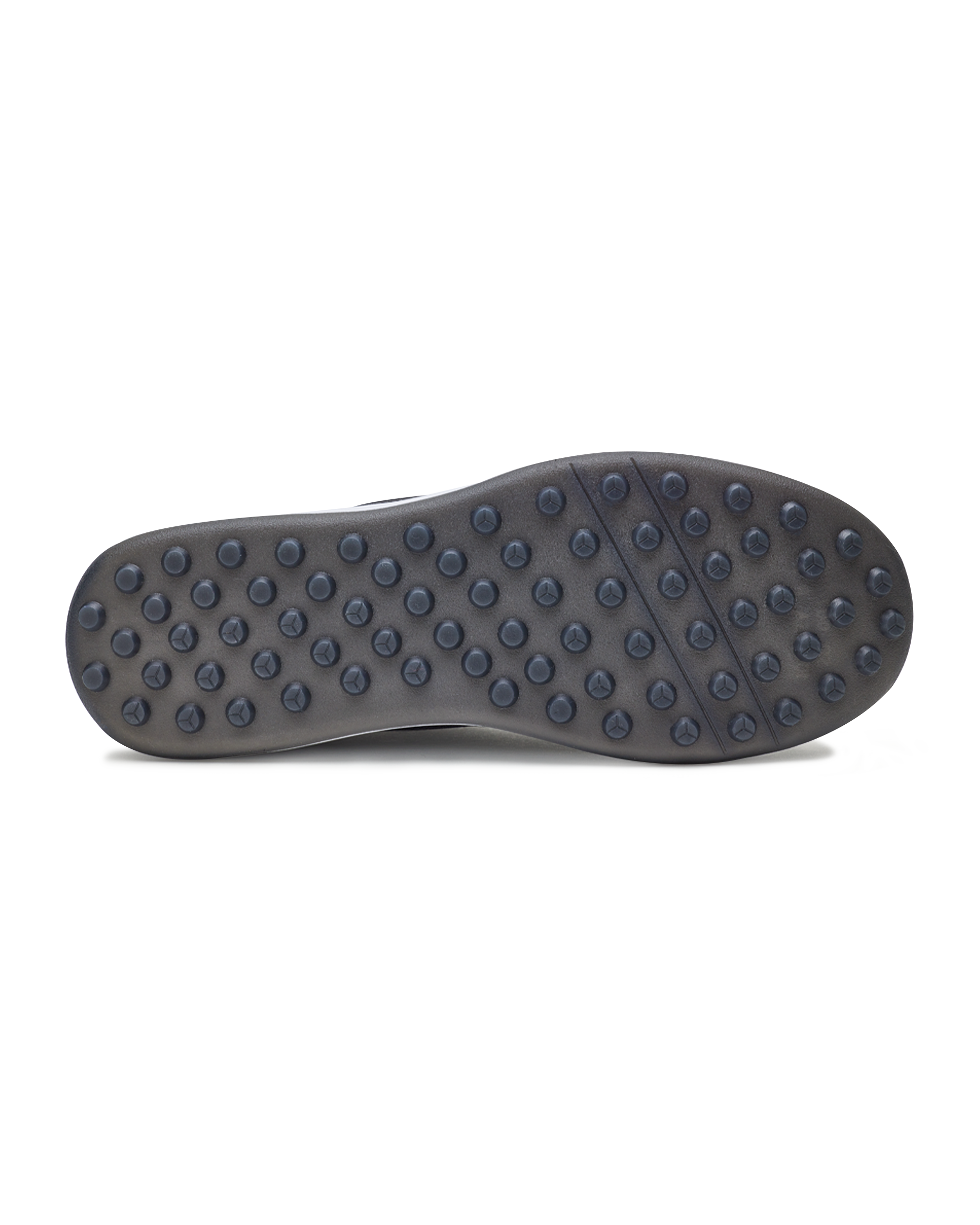 Men's Rally Shoe in Granite, bottom view featuring a dark gray rubber outsole with multi-directional traction rubber studs and flex grooves