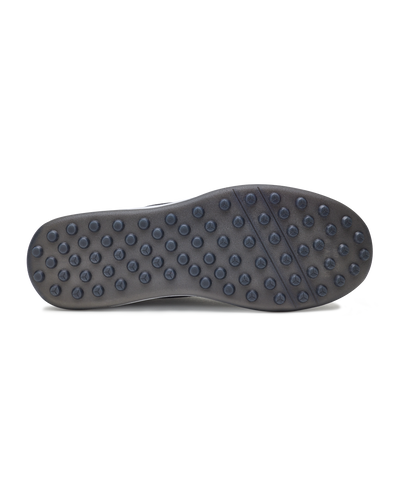 Men's Rally Shoe in Granite, bottom view featuring a dark gray rubber outsole with multi-directional traction rubber studs and flex grooves