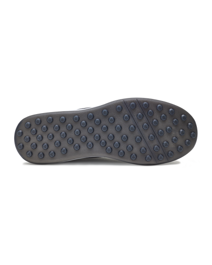 Men's Rally Shoe in Granite, bottom view featuring a dark gray rubber outsole with multi-directional traction rubber studs and flex grooves