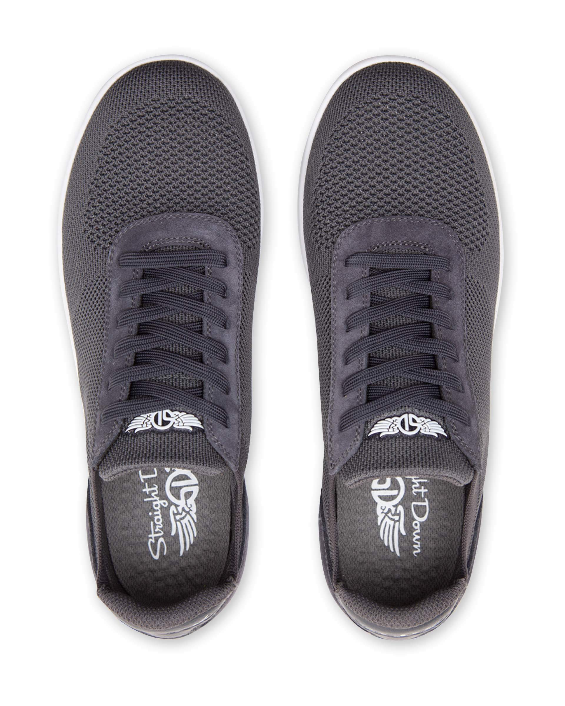 Men's Rally Shoe in Granite, top-down view of a pair featuring dark gray knit upper, lace-up closure, and Straight Down branded insole