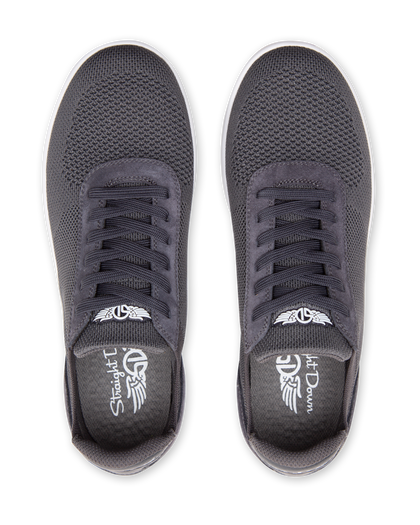 Men's Rally Shoe in Granite, top-down view of a pair featuring dark gray knit upper, lace-up closure, and Straight Down branded insole