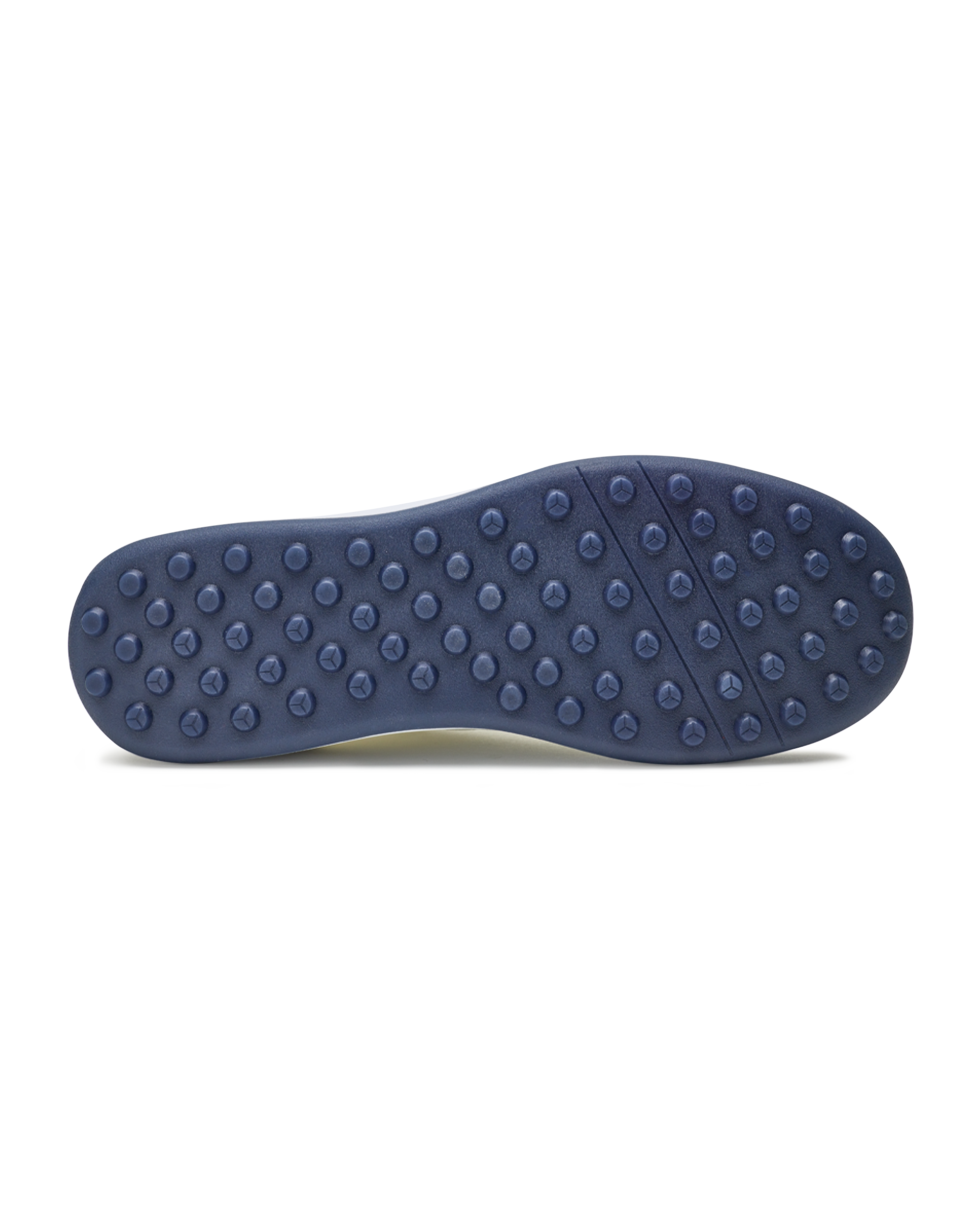 Men's Rally Shoe in White, bottom view featuring a navy rubber outsole with multi-directional traction rubber studs and flex grooves