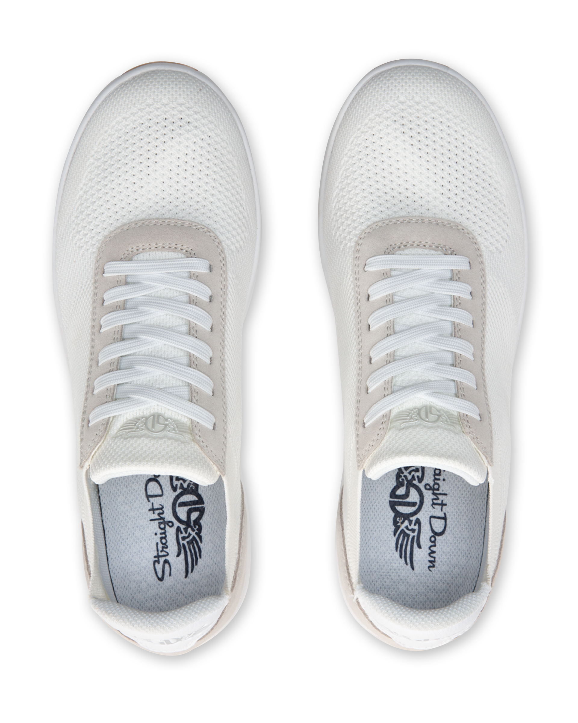 Men's Rally Shoe in White, top-down view of a pair featuring white knit upper, white lace-up closure, light gray suede overlays, and Straight Down branded insole