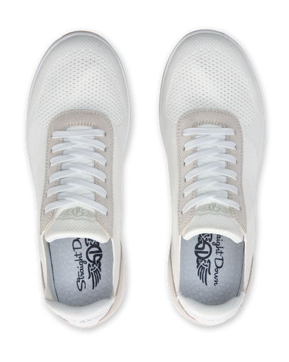 Men's Rally Shoe in White, top-down view of a pair featuring white knit upper, white lace-up closure, light gray suede overlays, and Straight Down branded insole