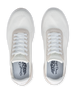 Men's Rally Shoe in White, top-down view of a pair featuring white knit upper, white lace-up closure, light gray suede overlays, and Straight Down branded insole