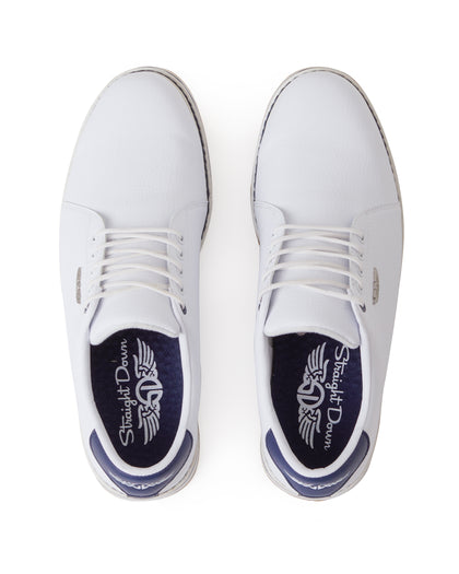 Straight Down Bourbon Hybrid Golf Shoe in White, top-down view of pair featuring white pebbled leather upper, navy lace eyelet accents, silver Straight Down wing logo badge, white laces, and navy Straight Down wing logo insole