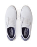 Straight Down Bourbon Hybrid Golf Shoe in White, top-down view of pair featuring white pebbled leather upper, navy lace eyelet accents, silver Straight Down wing logo badge, white laces, and navy Straight Down wing logo insole