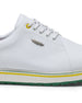 Straight Down Bourbon Hybrid Golf Shoe in White Verde, close-up lateral side detail view featuring white pebbled leather upper, silver Straight Down wing logo badge, yellow lace eyelet accent, white laces, white midsole with yellow and green stripe accents, and green traction outsole
