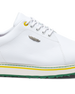 Straight Down Bourbon Hybrid Golf Shoe in White Verde, close-up lateral side detail view featuring white pebbled leather upper, silver Straight Down wing logo badge, yellow lace eyelet accent, white laces, white midsole with yellow and green stripe accents, and green traction outsole