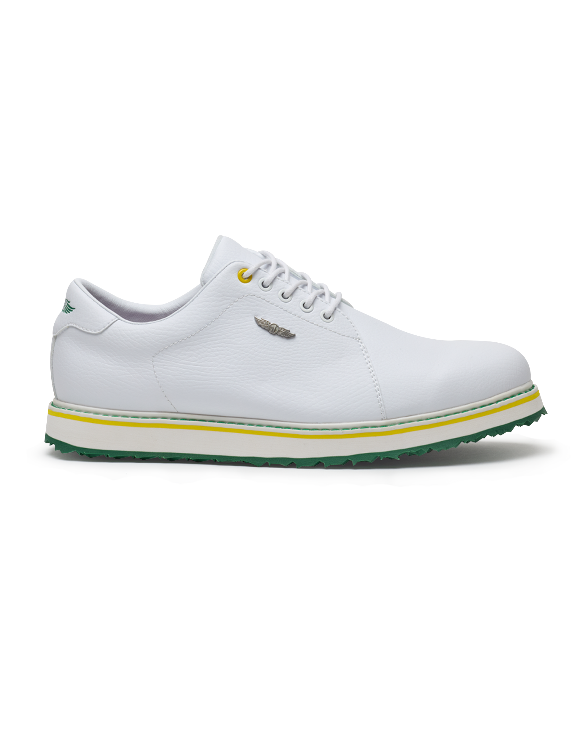 Straight Down Bourbon Hybrid Golf Shoe in White Verde, lateral side profile view featuring white pebbled leather upper, green heel counter, yellow lace eyelet accent, silver Straight Down wing logo badge, white laces, white midsole with yellow and green stripe accents, and green traction outsole