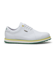 Straight Down Bourbon Hybrid Golf Shoe in White Verde, lateral side profile view featuring white pebbled leather upper, green heel counter, yellow lace eyelet accent, silver Straight Down wing logo badge, white laces, white midsole with yellow and green stripe accents, and green traction outsole