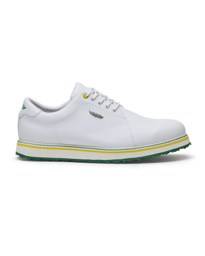 Straight Down Bourbon Hybrid Golf Shoe in White Verde, lateral side profile view featuring white pebbled leather upper, green heel counter, yellow lace eyelet accent, silver Straight Down wing logo badge, white laces, white midsole with yellow and green stripe accents, and green traction outsole