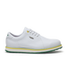 Straight Down Bourbon Hybrid Golf Shoe in White Verde, lateral side profile view featuring white pebbled leather upper, green heel counter, yellow lace eyelet accent, silver Straight Down wing logo badge, white laces, white midsole with yellow and green stripe accents, and green traction outsole