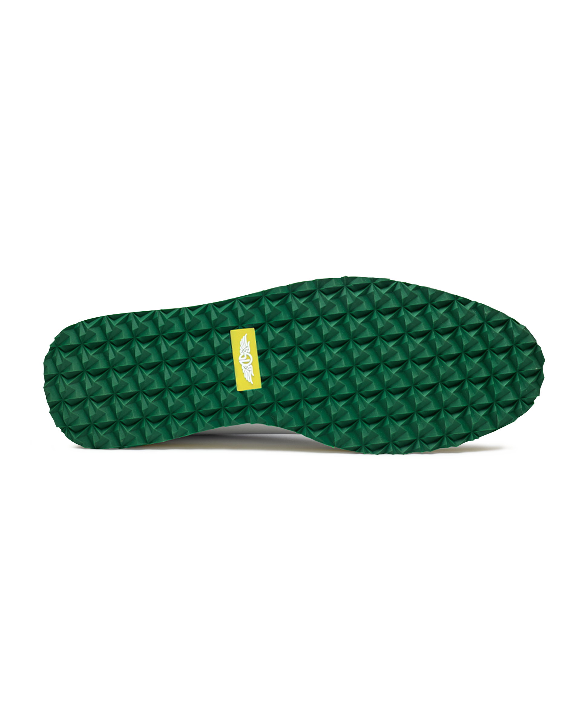 Straight Down Bourbon Hybrid Golf Shoe in White Verde, bottom sole view featuring green geometric pyramid traction outsole with yellow Straight Down wing logo badge at arch