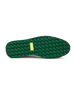 Straight Down Bourbon Hybrid Golf Shoe in White Verde, bottom sole view featuring green geometric pyramid traction outsole with yellow Straight Down wing logo badge at arch
