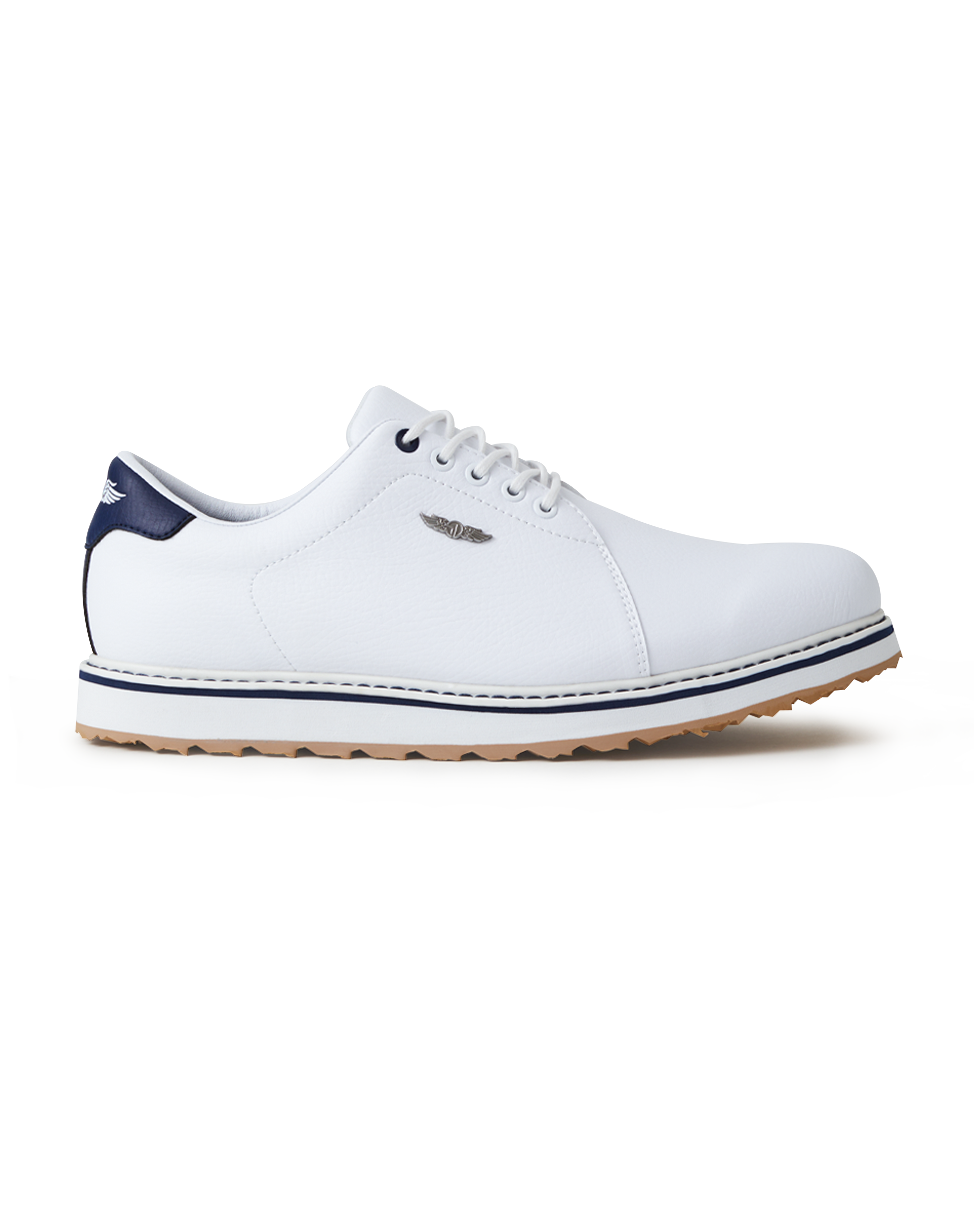 Straight Down Bourbon Hybrid Golf Shoe in White, lateral side profile view featuring white pebbled leather upper, navy heel counter, navy lace eyelet accents, silver Straight Down wing logo badge, white laces, white midsole with navy stripe accent, and gum traction outsole