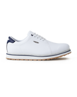 Straight Down Bourbon Hybrid Golf Shoe in White, lateral side profile view featuring white pebbled leather upper, navy heel counter, navy lace eyelet accents, silver Straight Down wing logo badge, white laces, white midsole with navy stripe accent, and gum traction outsole
