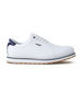 Straight Down Bourbon Hybrid Golf Shoe in White, lateral side profile view featuring white pebbled leather upper, navy heel counter, navy lace eyelet accents, silver Straight Down wing logo badge, white laces, white midsole with navy stripe accent, and gum traction outsole