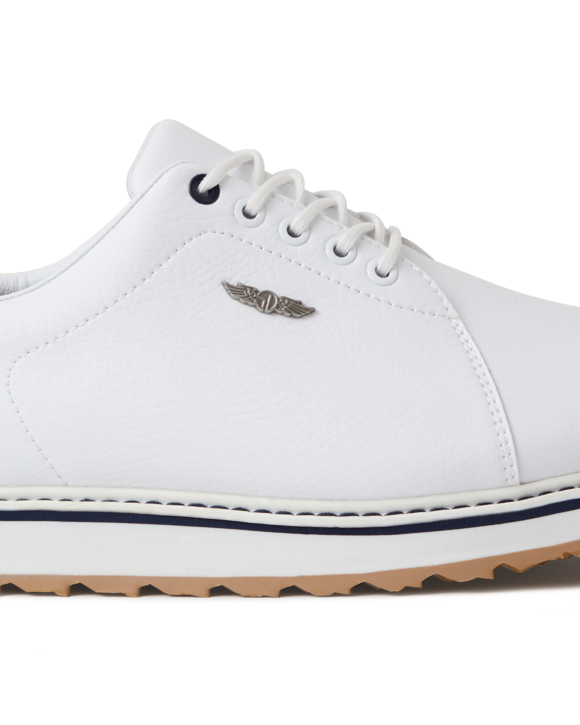 Straight Down Bourbon Hybrid Golf Shoe in White, close-up lateral side detail view featuring white pebbled leather upper, silver Straight Down wing logo badge, navy lace eyelet accents, white laces, white midsole with navy stripe accent, and gum traction outsole