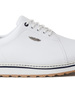 Straight Down Bourbon Hybrid Golf Shoe in White, close-up lateral side detail view featuring white pebbled leather upper, silver Straight Down wing logo badge, navy lace eyelet accents, white laces, white midsole with navy stripe accent, and gum traction outsole