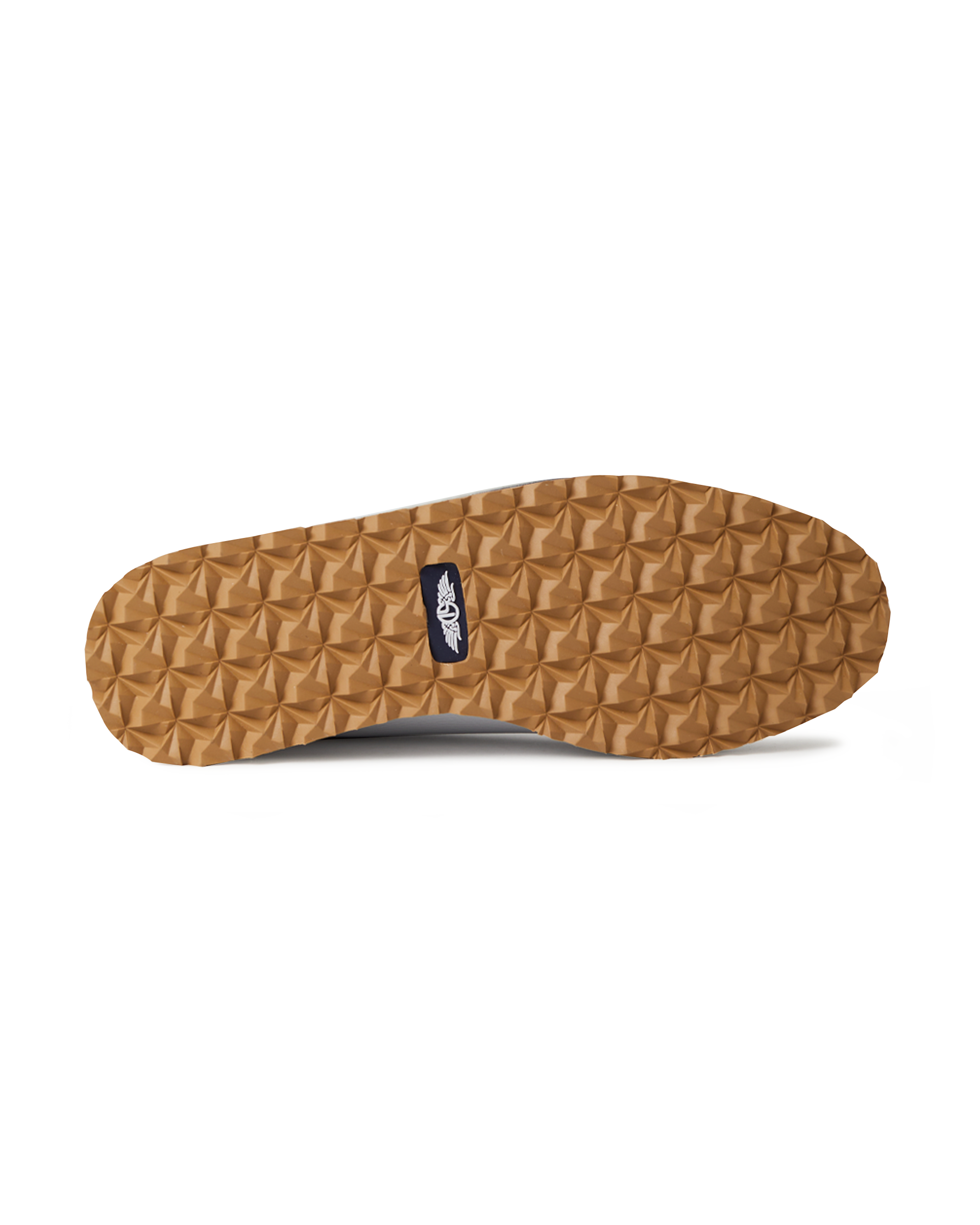 Straight Down Bourbon Hybrid Golf Shoe in White, bottom sole view featuring gum rubber geometric pyramid traction outsole with navy Straight Down wing logo badge at arch