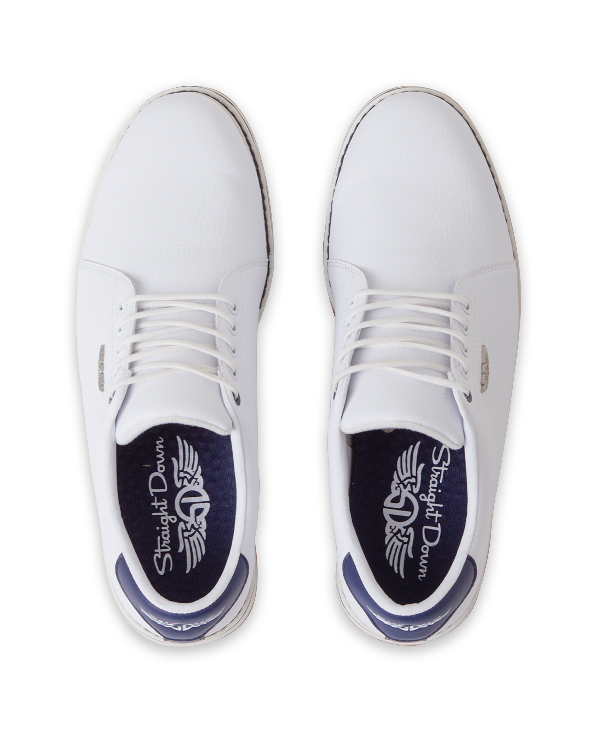 Straight Down Bourbon Hybrid Golf Shoe in White, top-down view of pair featuring white pebbled leather upper, navy lace eyelet accents, silver Straight Down wing logo badge, white laces, and navy Straight Down wing logo insole