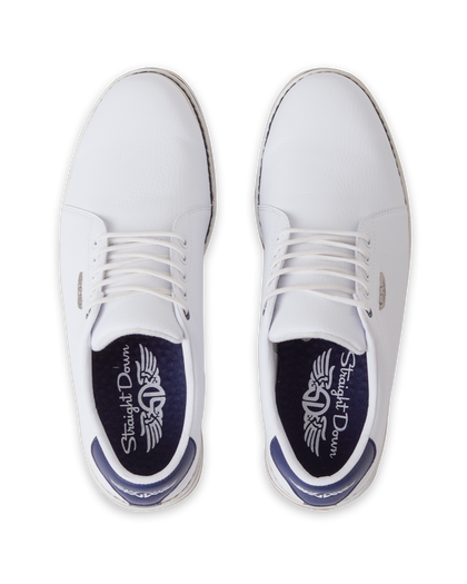 Straight Down Bourbon Hybrid Golf Shoe in White, top-down view of pair featuring white pebbled leather upper, navy lace eyelet accents, silver Straight Down wing logo badge, white laces, and navy Straight Down wing logo insole