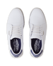 Straight Down Bourbon Hybrid Golf Shoe in White, top-down view of pair featuring white pebbled leather upper, navy lace eyelet accents, silver Straight Down wing logo badge, white laces, and navy Straight Down wing logo insole