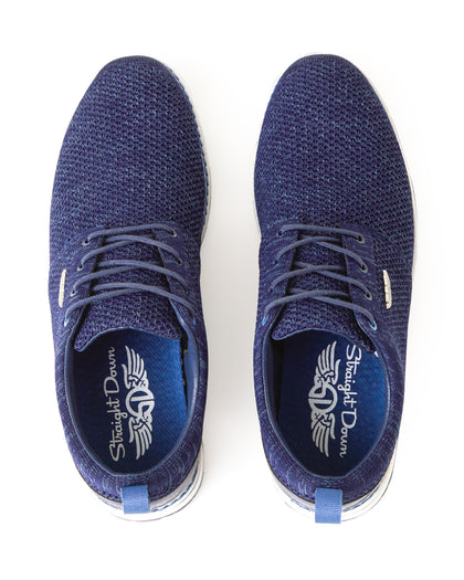 Straight Down Harbour Knit Hybrid Golf Shoe in New Indigo, top-down view of pair featuring navy knit upper, navy laces, navy heel pull tab, and blue Straight Down wing logo insole
