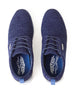 Straight Down Harbour Knit Hybrid Golf Shoe in New Indigo, top-down view of pair featuring navy knit upper, navy laces, navy heel pull tab, and blue Straight Down wing logo insole
