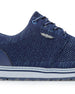 Straight Down Harbour Knit Hybrid Golf Shoe in New Indigo, close-up lateral side detail view featuring navy knit upper, silver Straight Down wing logo badge, navy laces, and white midsole with navy stripe accent