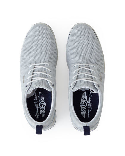 Straight Down Harbour Knit Hybrid Golf Shoe in Silver, top-down view of pair featuring light gray knit upper, white laces, navy heel pull tab, and navy Straight Down wing logo insole