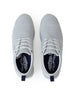 Straight Down Harbour Knit Hybrid Golf Shoe in Silver, top-down view of pair featuring light gray knit upper, white laces, navy heel pull tab, and navy Straight Down wing logo insole