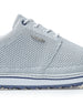 Straight Down Harbour Knit Hybrid Golf Shoe in Silver, close-up lateral side detail view featuring light gray knit upper, silver Straight Down wing logo badge, white laces, and navy stripe midsole accent