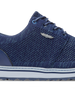 Straight Down Harbour Knit Hybrid Golf Shoe in New Indigo, close-up lateral side detail view featuring navy knit upper, silver Straight Down wing logo badge, navy laces, and white midsole with navy stripe accent
